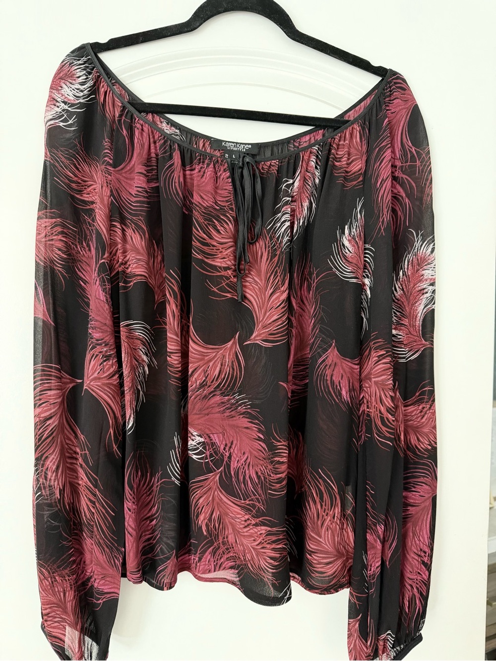 Karen Kane 100% Silk Chiffon Blouse with Burgundy Feather Print, L
